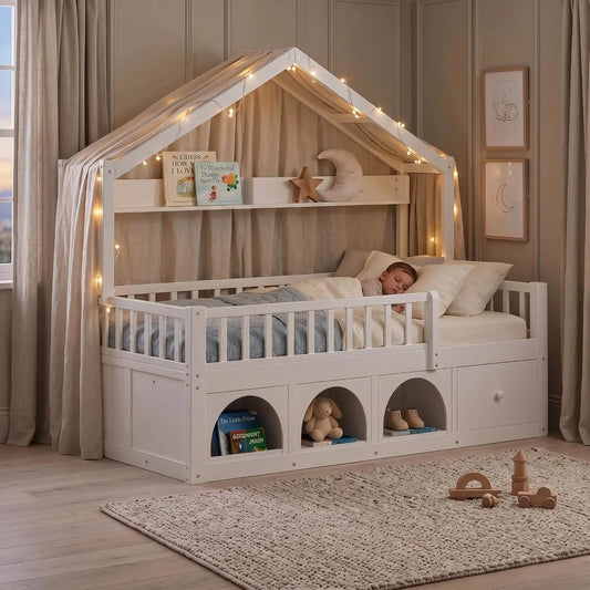 Mirightone Twin House Bed with Roof & LED Lights - Montessori Wooden Bed Frame with Guardrails, Storage Drawer & Cubby, Twin Bed for Kids, White