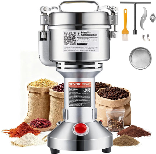 VEVOR 550g Electric Grain Mill Grinder - High Speed 2000W Commercial Spice Grinders, Stainless Steel Pulverizer Powder Machine, Straight Type