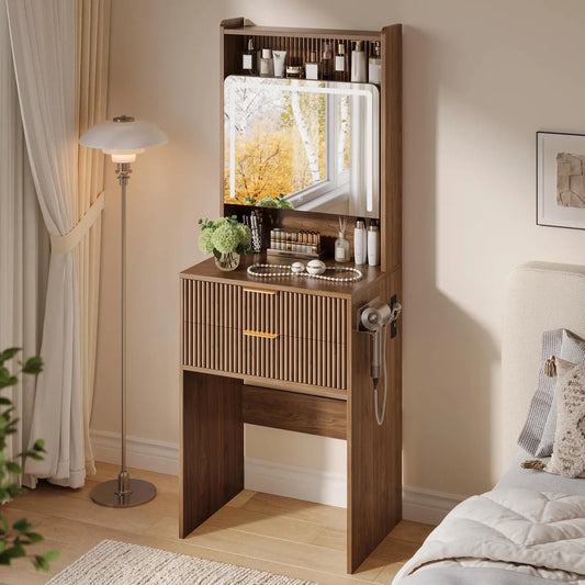 3 in 1 Vanity - Make up Vanity Desk with Mirror and Lights, Vanity Desk with Drawers and Storage, Modern Dressers for Bedroom, Wooden Dressing Table