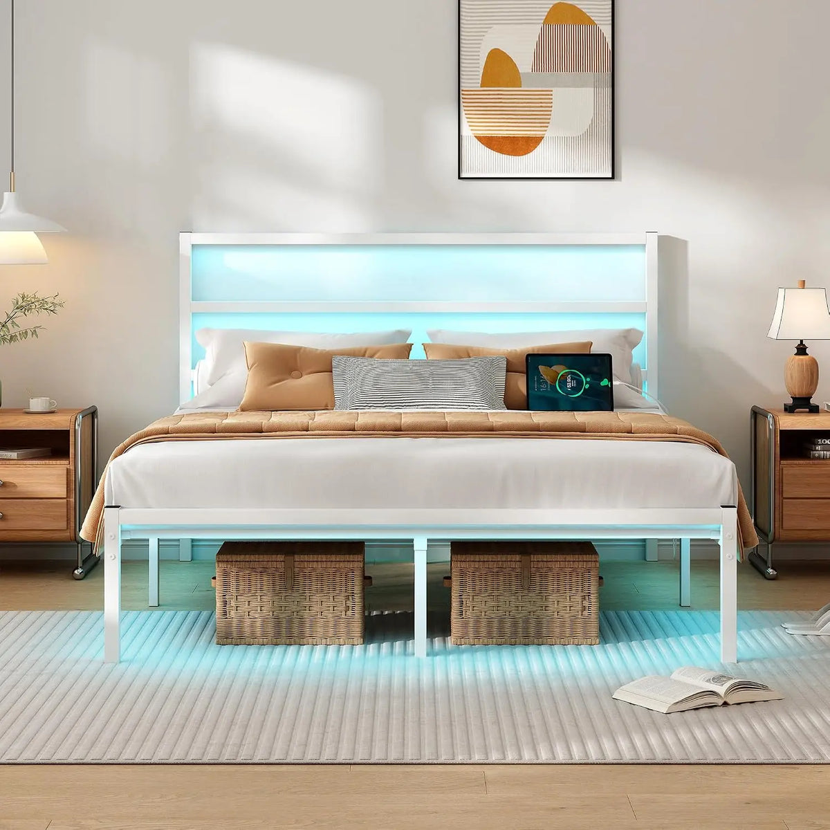 CLIBFENG Full Size Bed Frame with Headboard - Heavy Duty Steel Slats Support-LED Bed Frame with USB Charging Station, No Box Spring Needed, Noise Free
