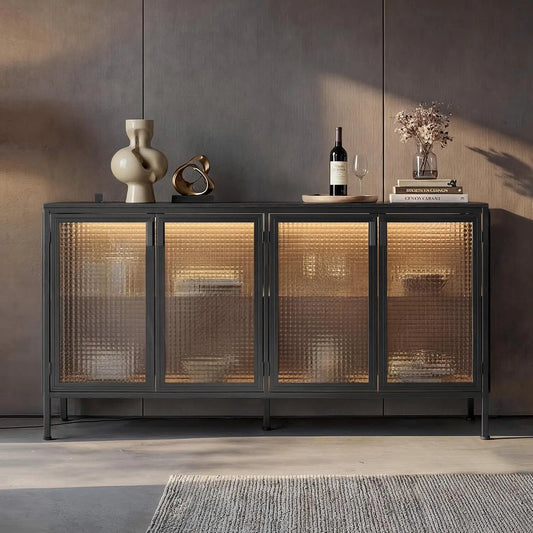 Homsee 59 Inch Display Cabinet with Grid Glass Doors and LED Lights