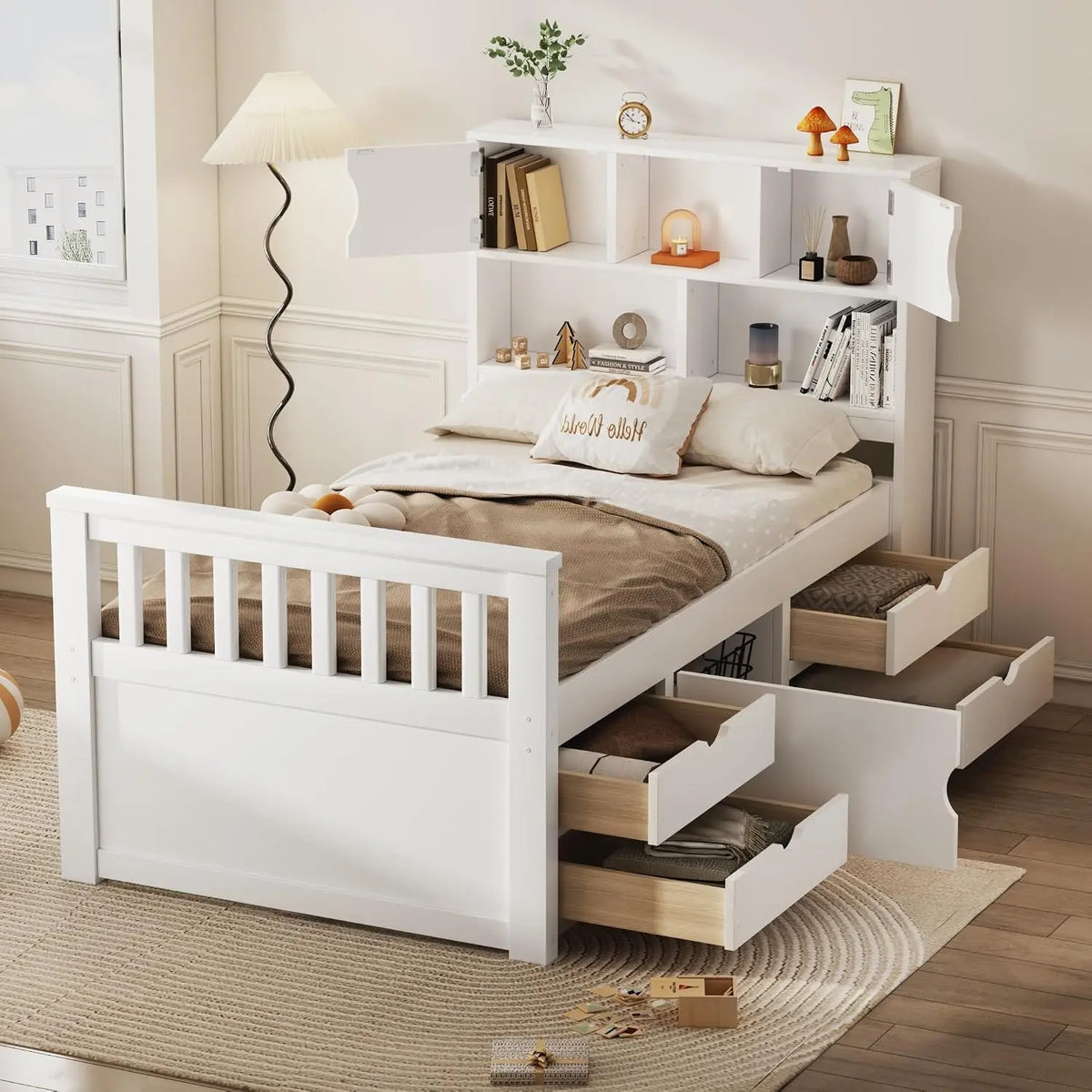 Merax Twin Captain Bed with 4 Drawers & Bookcase Headboard - White