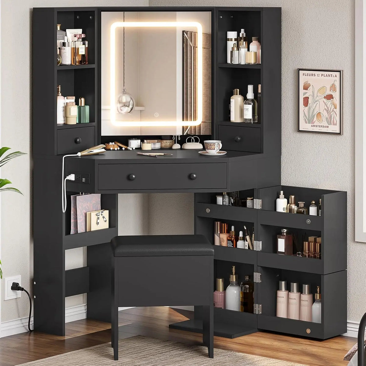 BTHFST Corner Vanity Desk with Lighted Mirror - Makeup Vanity with Lights and Charging Station, Vanity Set with Mirror and Storage Stool, Black