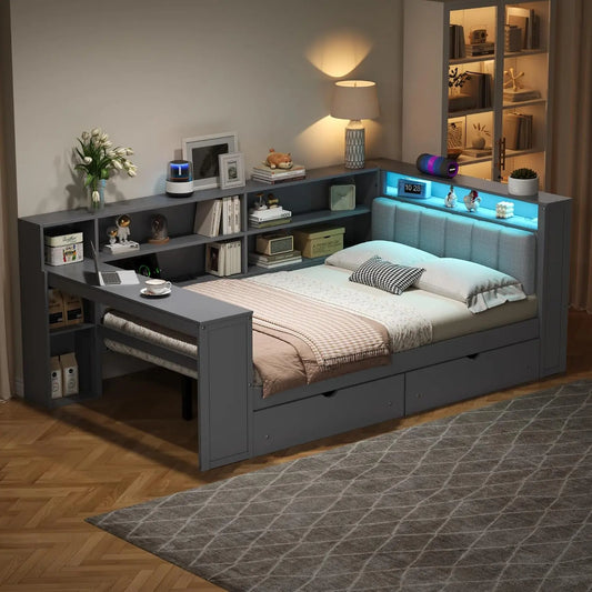 Full Size Platform Bed with Desk - Charging Station and LED Lighting, Modern Wooden Daybed Sofa Bed Frame with Upholstered Headboard, Gray-02
