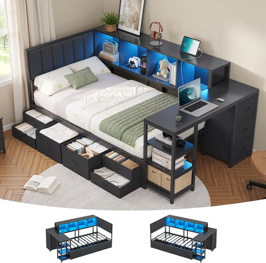 DICTAC Corner Twin Bed Frame with Desk - Storage Bookcase & 9 Storage Drawers, Twin Size Corner Platform Bed Frame with Charging Station & LED Lights