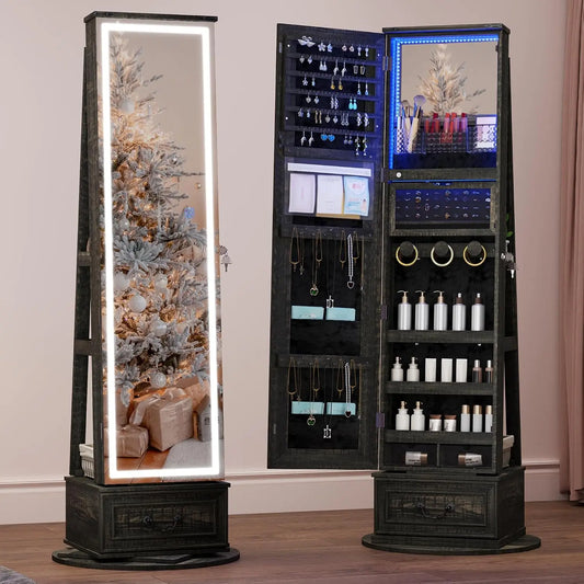 LVSOMT LED Mirror Jewelry Cabinet Standing - Jewelry Armoire Organizer