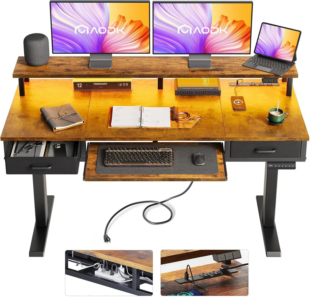 AODK 55 Inch Standing Desk with Drawers & Keyboard Tray - Rustic Brown