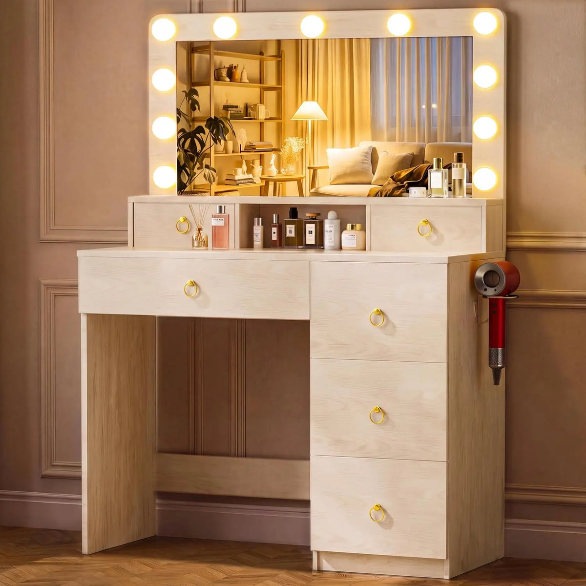 COMHOMA Makeup Vanity Desk with Mirror and Lights - Vanity Table with Divided Drawer and Storage Cabinet, Open Storage Shelf, Cream and Gold