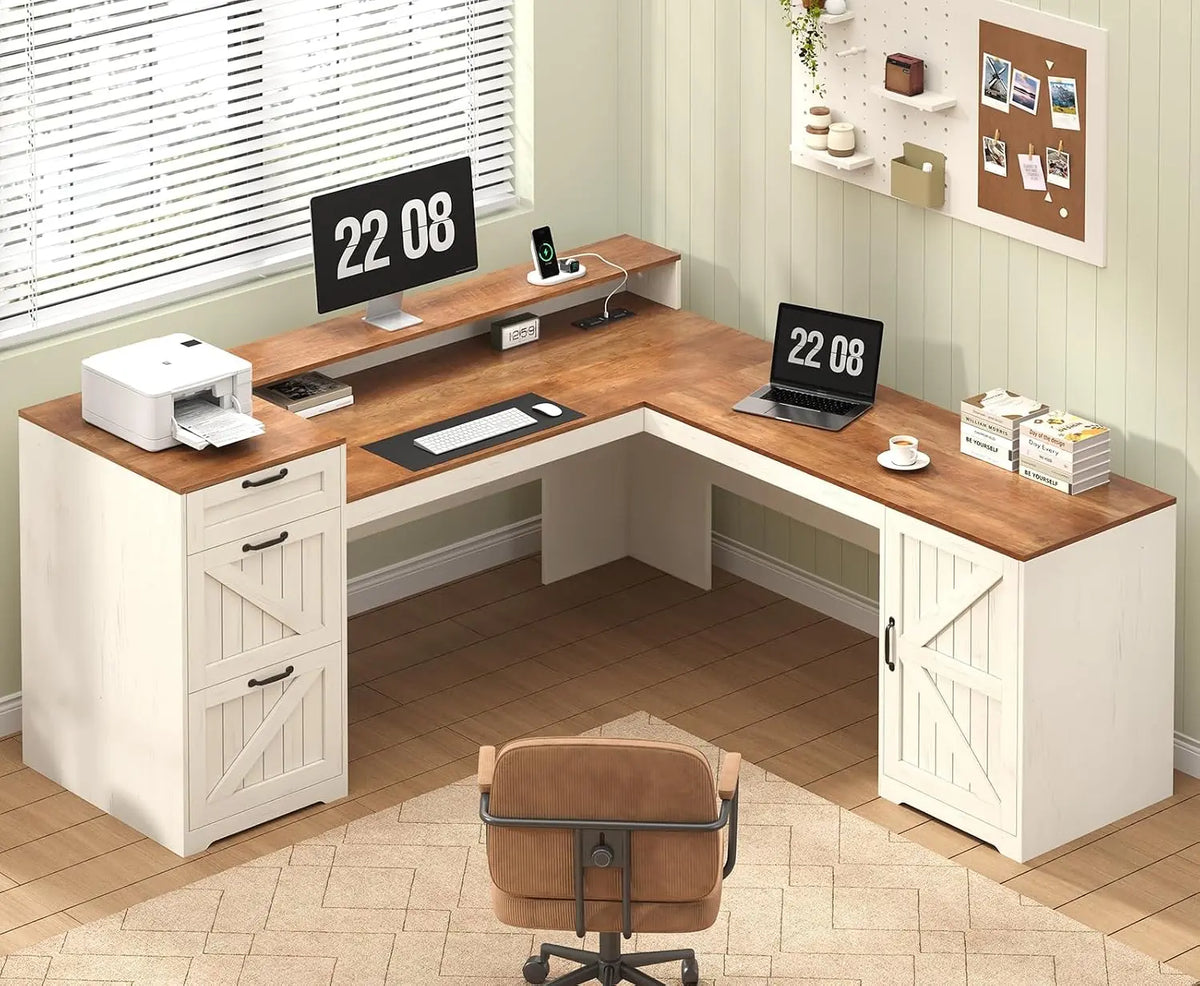 Farmhouse L Shaped Desk with Drawers and Storage Shelves - 59 Inch L Shape Executive Desk with File Drawers and Power Outlet, Antique White