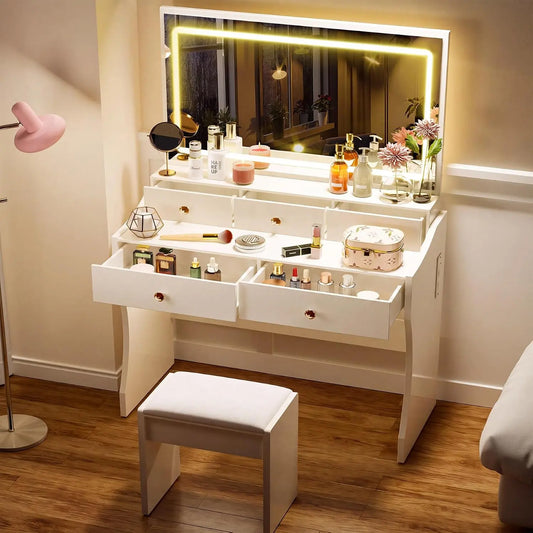 COMHOMA Vanity Desk with LED Lights Mirror & Power Outlet - Small Makeup Vanity Table Set with 5 Storage Drawers, White