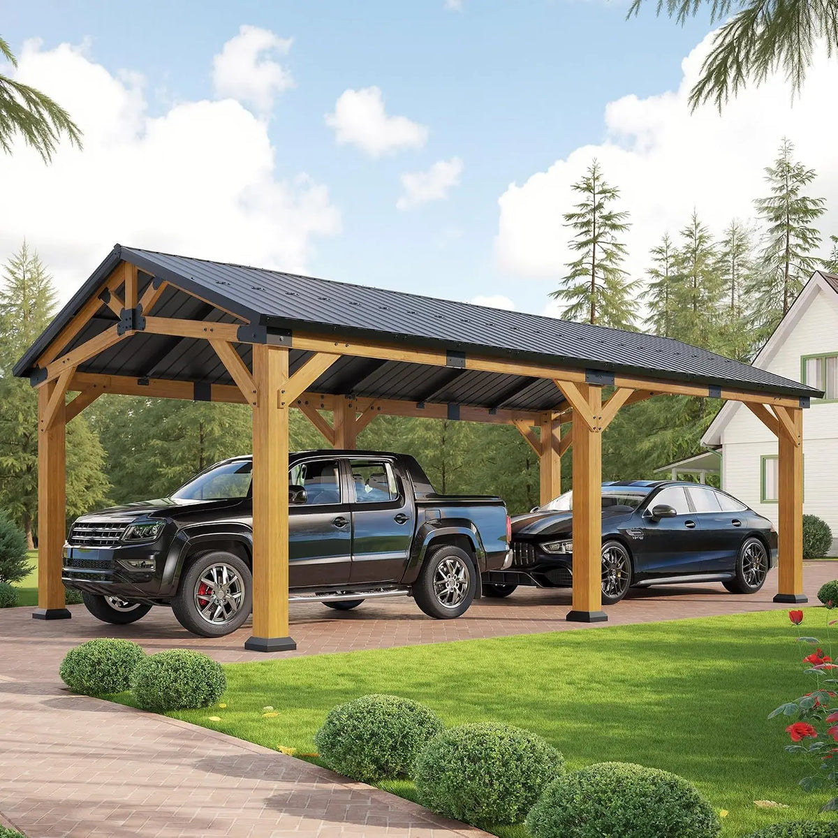 Jocisland 12x24x9.5 FT Cedar Wood Carport - With Galvanized Steel Gable Roof