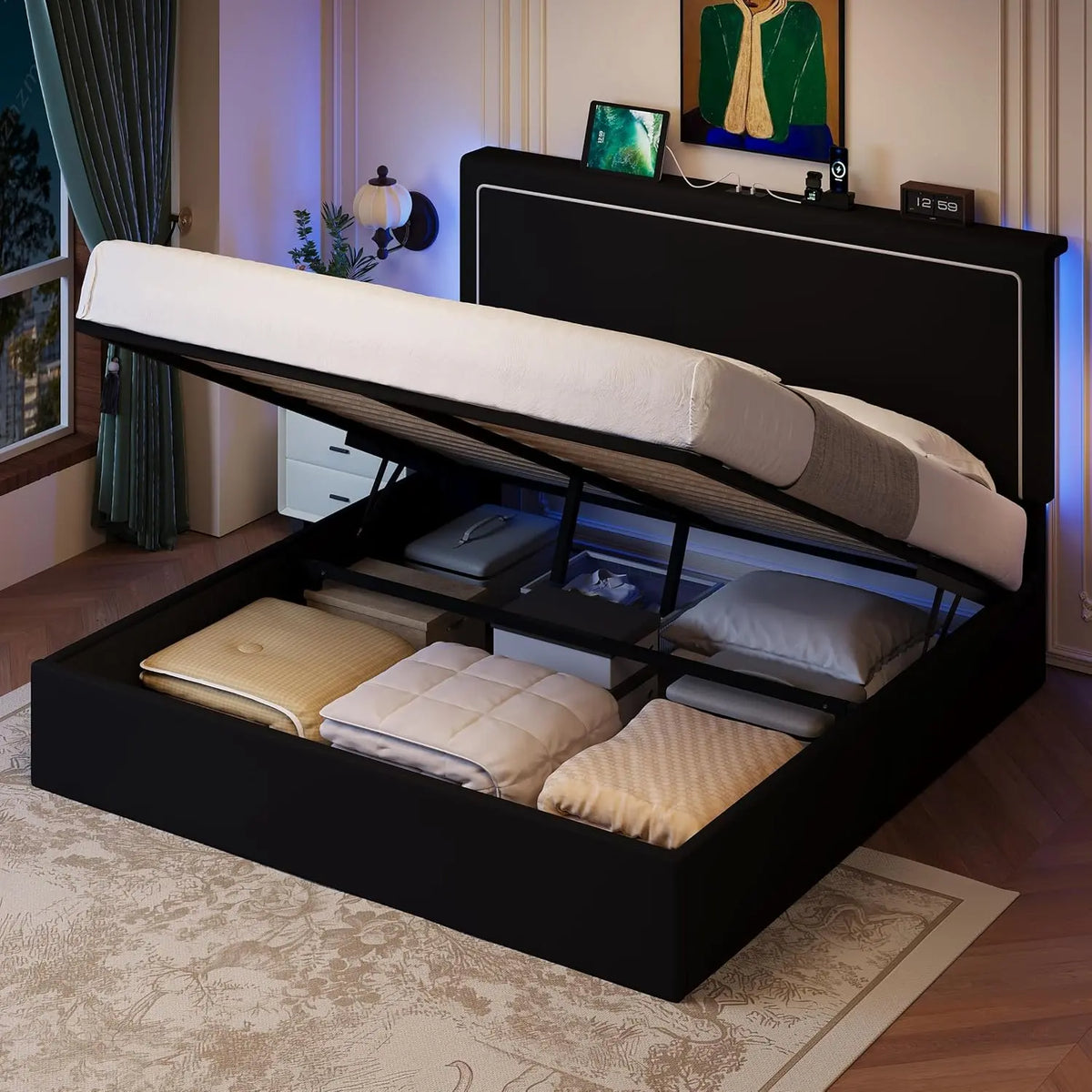SHA CERLIN Full Size Lift Up Storage Bed Frame with LED Lights - Black
