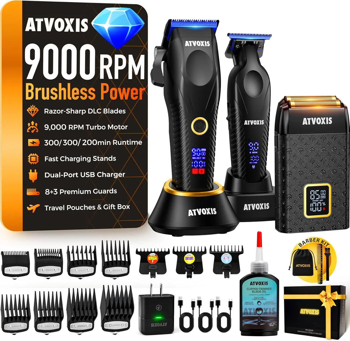 9000 RPM Brushless Motor Professional Hair Clippers Set for Men: Cordless Clippers & Zero Gap Trimmers