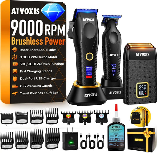 9000 RPM Brushless Motor Professional Hair Clippers Set for Men: Cordless Clippers & Zero Gap Trimmers