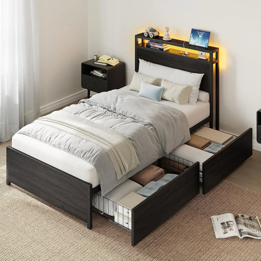 LIKIMIO Twin Bed Frame - With DIY Layout Storage Drawers and LED Light