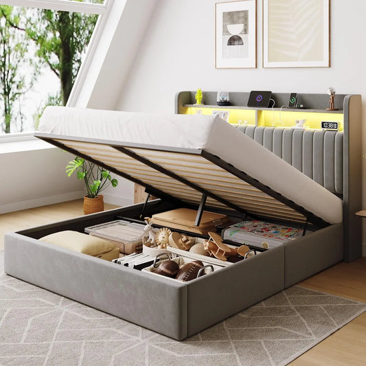 SHA CERLIN Full Size LED Lift Up Storage Bed Frame Charging Station - Gray