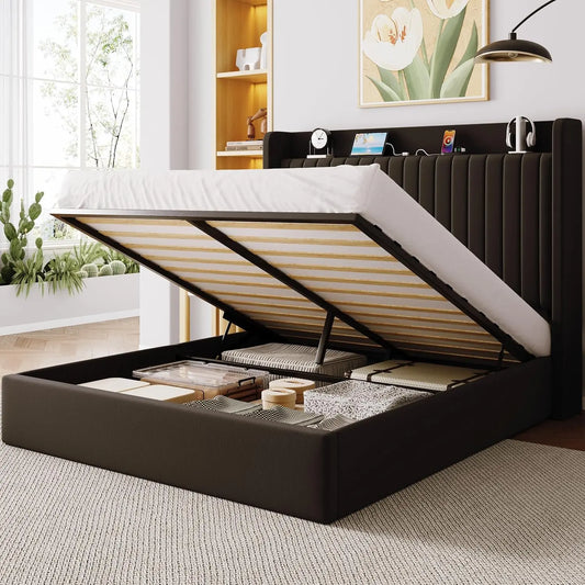Allewie Full Lift Up Storage Hydraulic Bed Frame - Charging Station, Black