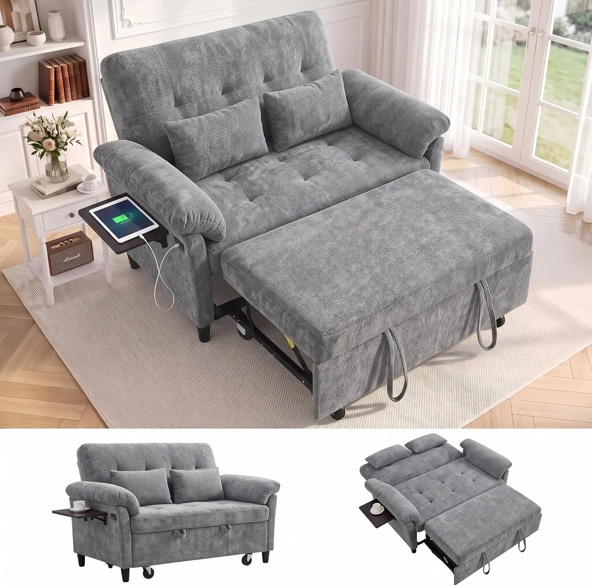 60 Inch Sofa Bed - Chenille Loveseat Sleeper Sofa with Pull Out Bed, Gray