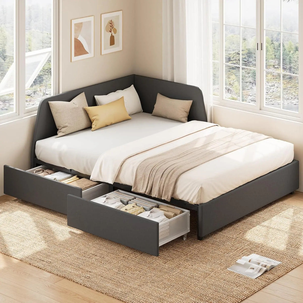 LIKIMIO Full Corner Daybed with 2 Drawers and Headboard - Gray