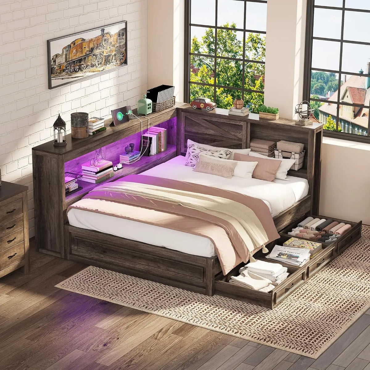 Jocisland Full Corner Bed Frame with Bookcase & Drawers for Teens - Gray