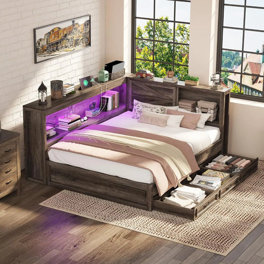 Jocisland Full Corner Bed Frame with Bookcase & Drawers for Teens - Gray