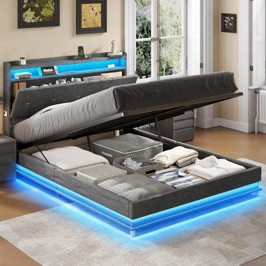 Fameill Full Size Lift Up Storage Bed Frame - Storage Headboard with Charging Station, LED Lights Upholstered Platform Bed, No Box Spring Needed