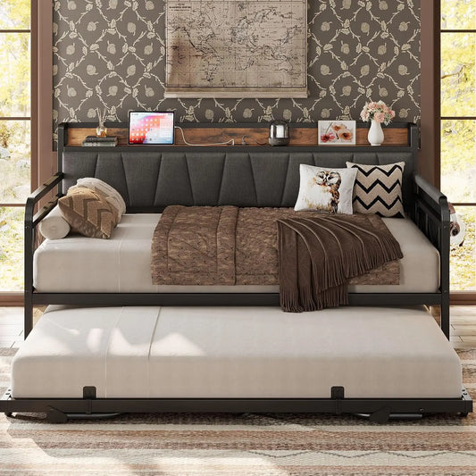 LIKIMIO Twin Daybed with Trundle - Twin Bed Frames, Gray/Brown