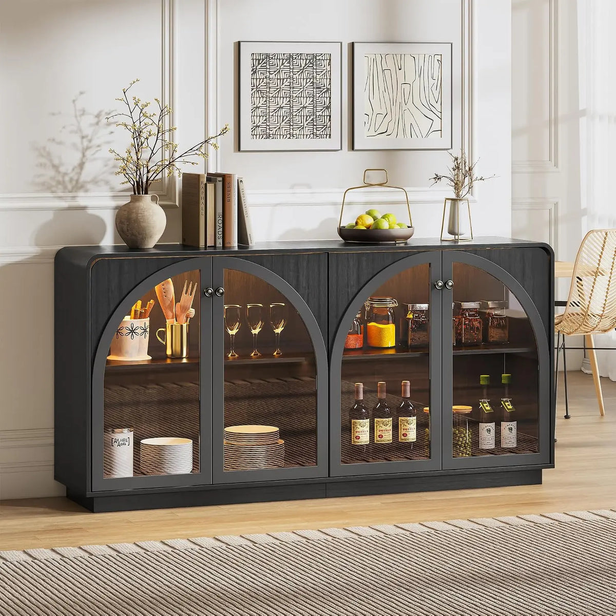 68 Inch Sideboard Buffet Cabinet - Coffee Bar with Glass Doors & LED Light