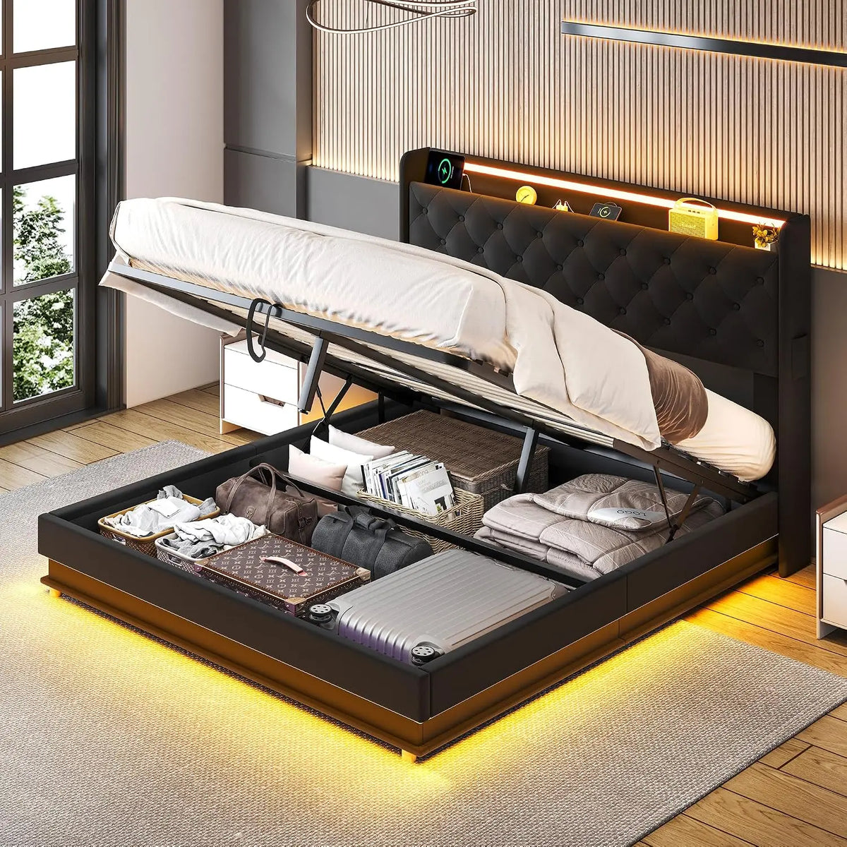 Ailisite Lift Up Storage Bed Full - Bed Frame Full Size with Charging Station & Led Lights, Hydraulic Lift, No Box Spring Needed, Black