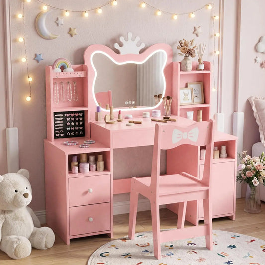 Jojoka Kids Vanity Set with Cat Mirror - Princess Table & Chair, 3-12, Pink